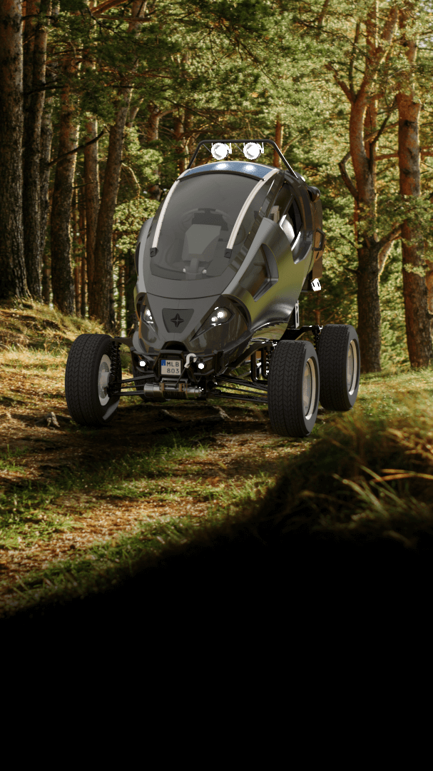 Black terrain vehicle in forest.