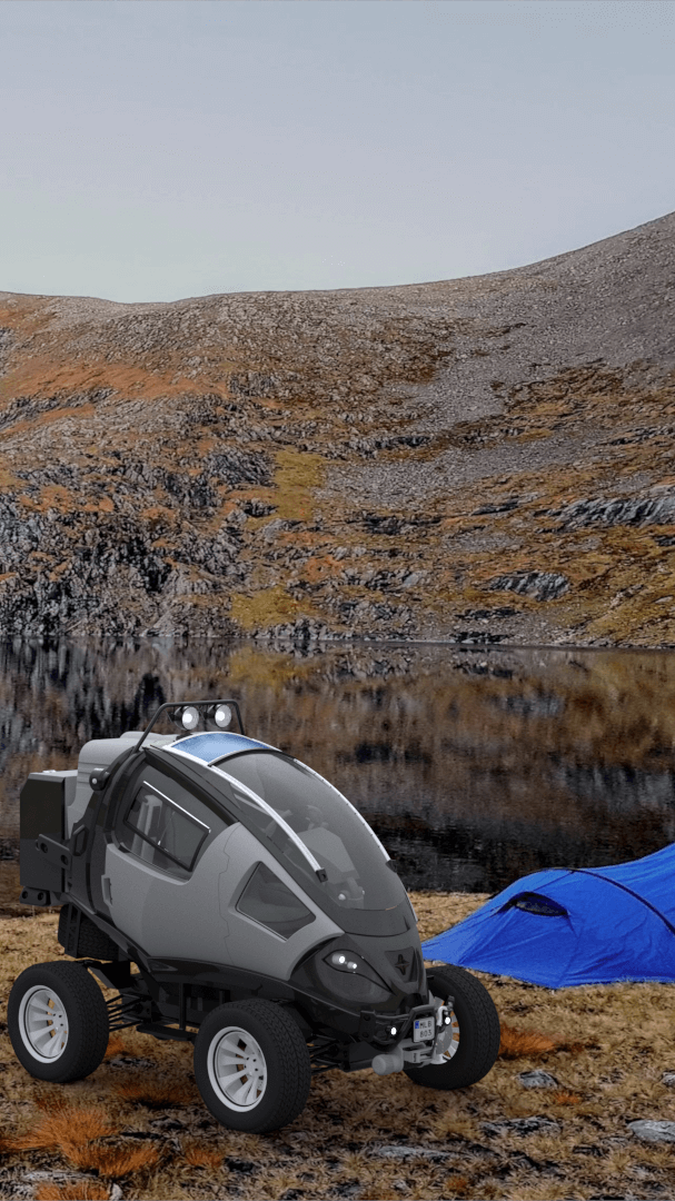 Grey terrain vehicle and a blue tent by a lake.