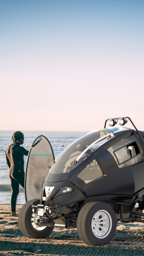 Black terrain vehicle and surfer with surfboard standing by the shore.